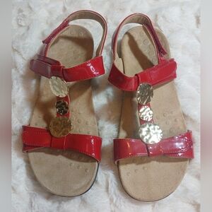 Vionic Shoes FARRA Red/Gold Patent T-Strap Sandals Orthotic Customized Size 8